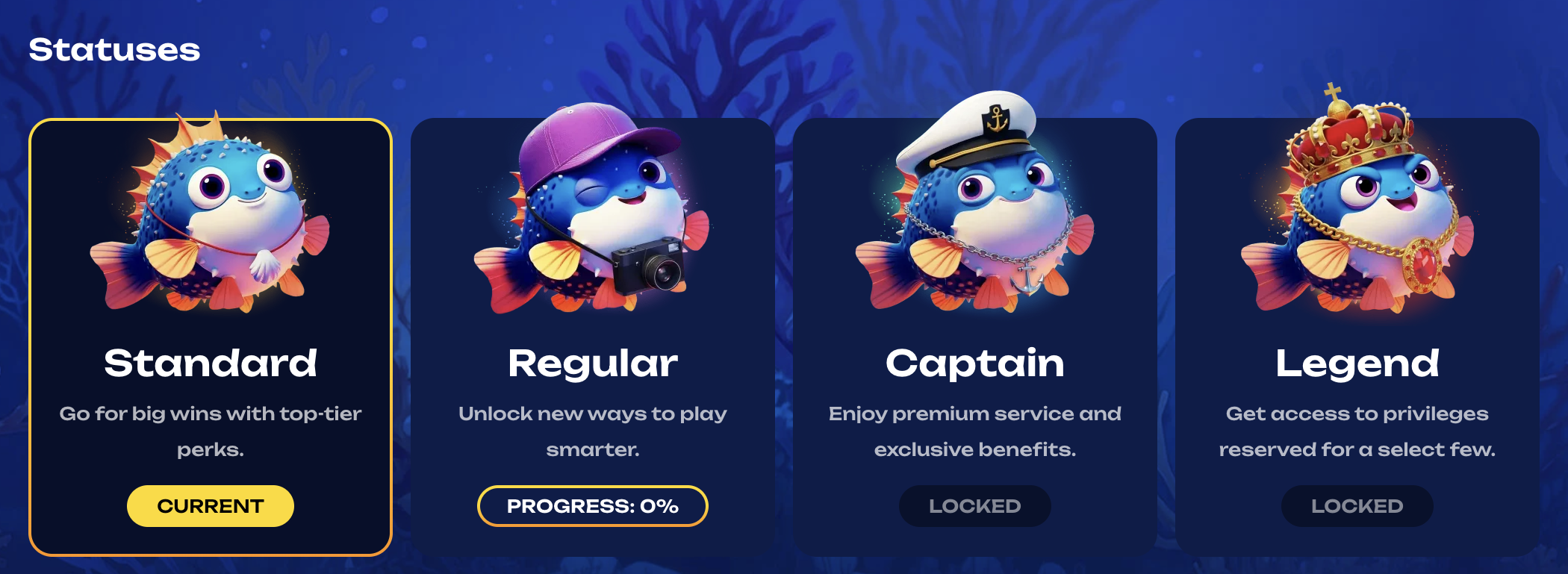 Fugu Casino VIP Club – vier Stufen Standard, Regular, Captain und Legend im Dashboard